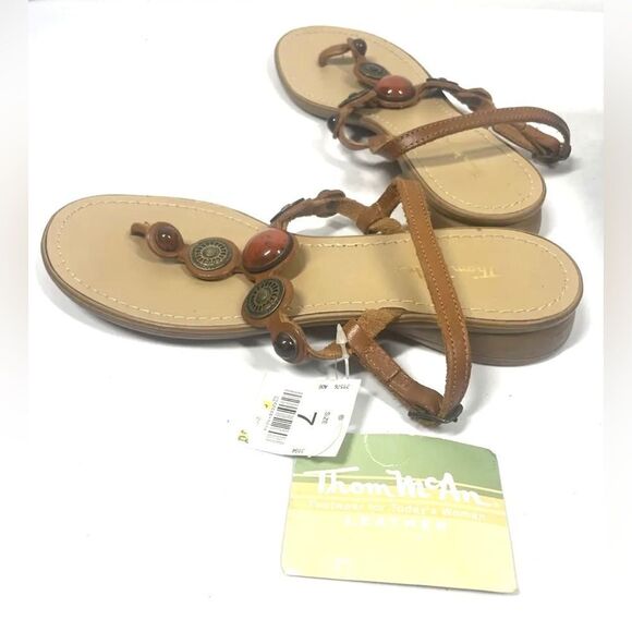Thom McAn Beaded Brown Leather Sandal Stone Metal Ankle Strap Women Size 7 NWT - Picture 2 of 5